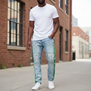 MAKOBI PAINT STROKE SHREDDED DENIM JEANS - DIRT WASH. Size 46/32